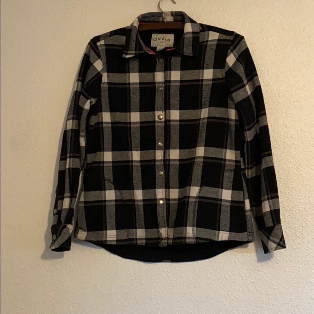 Black white plaid fleece lined flannel small